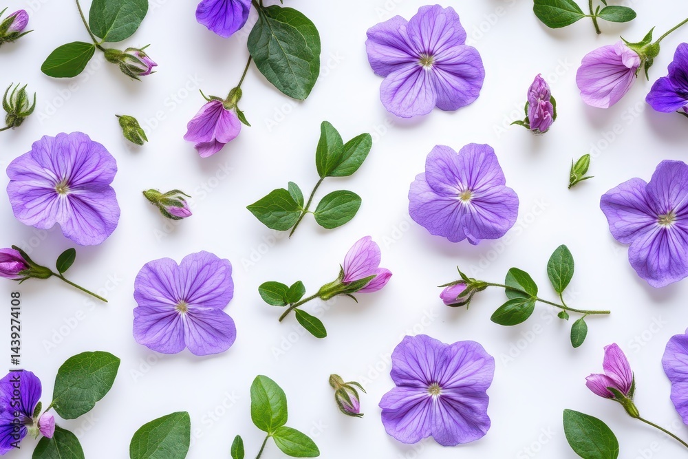 Purple mallow flowers and green leaves are laid out on a clean white background. Perfect for spring designs, wedding invitations, and nature-themed graphics.