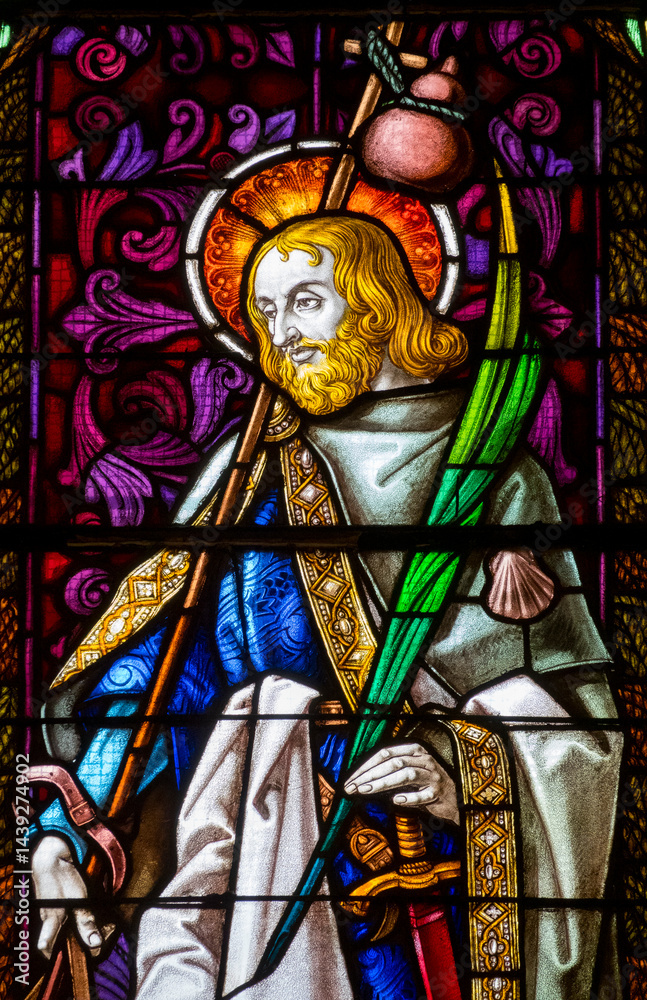 Fototapeta premium Stained glass (19th century) of Saint James the Greater or Saint James of Compostela or Saint Jacques de Compostelle. Saint and apostle of the Roman Catholic Church.
