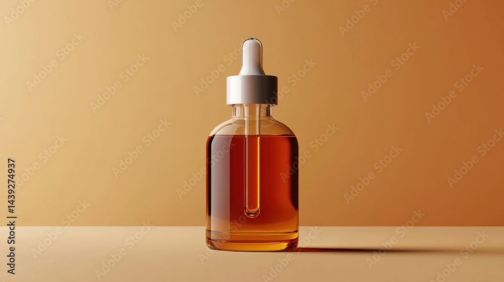 A modern, minimalist mockup of a scented oil bottle with a clear glass body, dropper lid, on a clean, simple background A modern, minimalist mockup of a scented oil bottle with a clear glass body, dropper lid, on a clean, simple background
