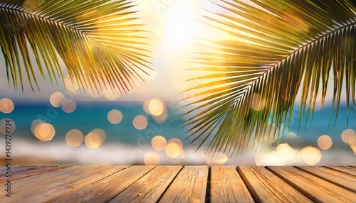 A sunny tropical beach scene with palm leaves, wooden deck, and blurred ocean in the background.
