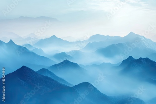 A serene vista of misty mountains painted in shades of blue.