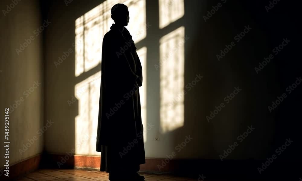 Silhouette of a figure in a dimly lit room, shadows cast by window panes creating a mysterious atmosphere Silhouette of a figure in a dimly lit room, shadows cast by window panes creating a mysterious atmosphere