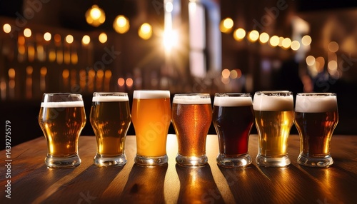 A row of assorted craft beers in glasses sits on a wooden table in a warmly lit bar with blurred lights in the background.
