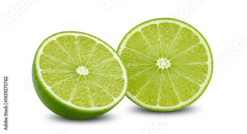 Two lime halves showing juicy green flesh and texture on white backdrop