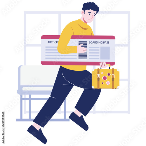 People Traveling Illustration. Vector illustration of A man running with an air ticket and suitcase, rushing to catch his flight. Isolated on background