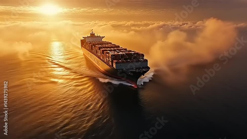Container Ship at Sunset on the Ocean