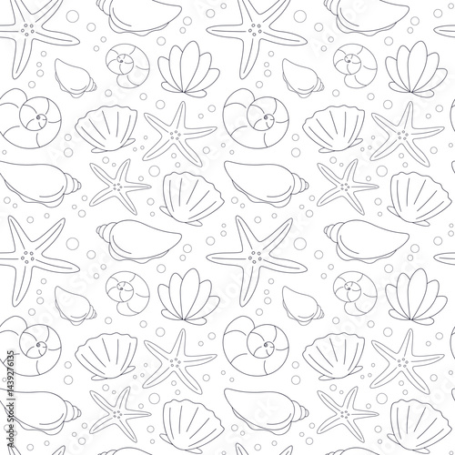 Seamless vector pattern with outline shells and starfish for textile printing, wallpaper, decorative background