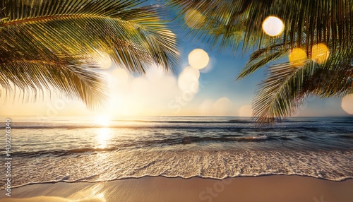 Serene tropical beach at sunrise with palm leaves framing the ocean and golden sunlight reflecting on the water.
