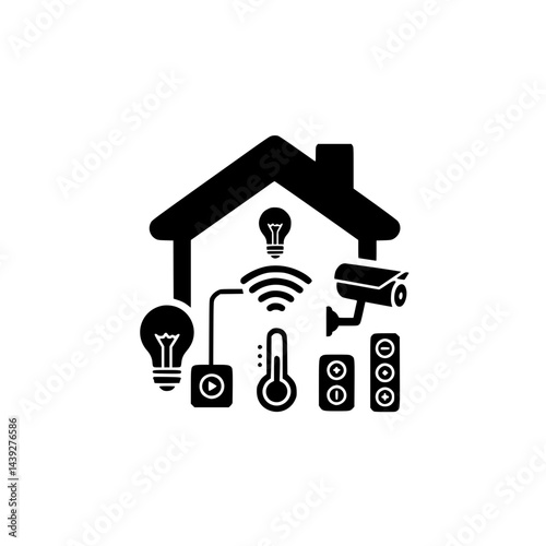 Smart home icons depicting technology and security elements  