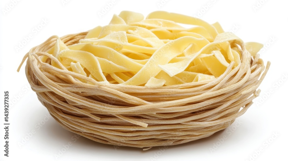 Fresh pappardelle pasta in a decorative nest shape, isolated on white. Use in culinary designs, blog posts, or restaurant menus.