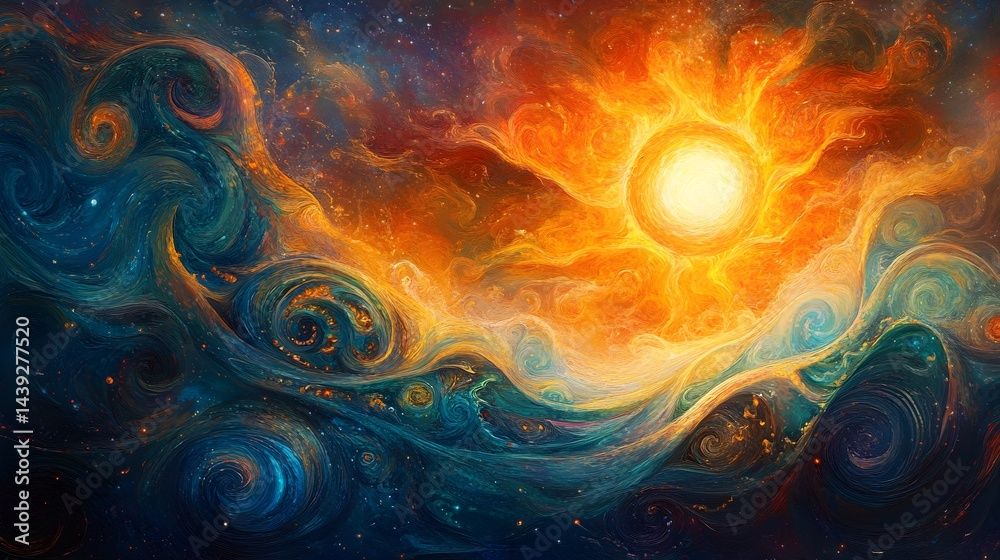 Fototapeta premium Abstract sun radiating waves of energy across a glowing cosmic background