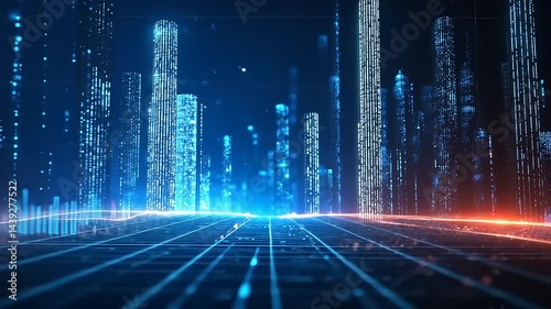 Futuristic Digital Cityscape with Glowing Blue and Red Lights