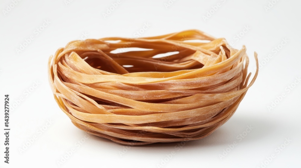 Uncooked brown tagliatelle pasta nest isolated on a clean, white background. It's ideal for illustrating Italian cuisine or healthy eating concepts.