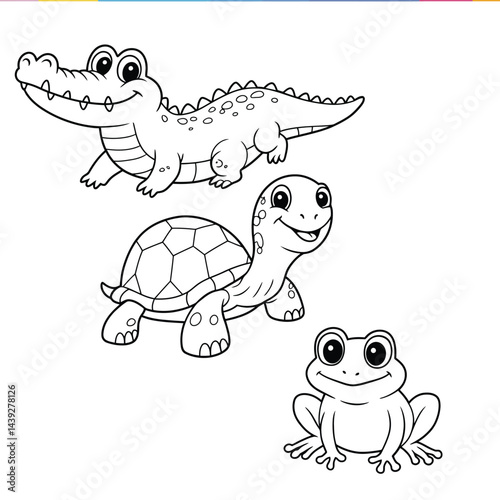 Cute funny crocodile, turtle and frog for coloring. Template for a coloring book with funny animals. Coloring page for kids.