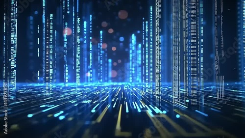 Glowing Blue Digital Cityscape with Data Streams