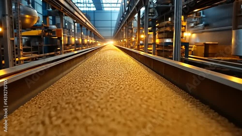 Gold Grains Moving on a Conveyor Belt in a Factory