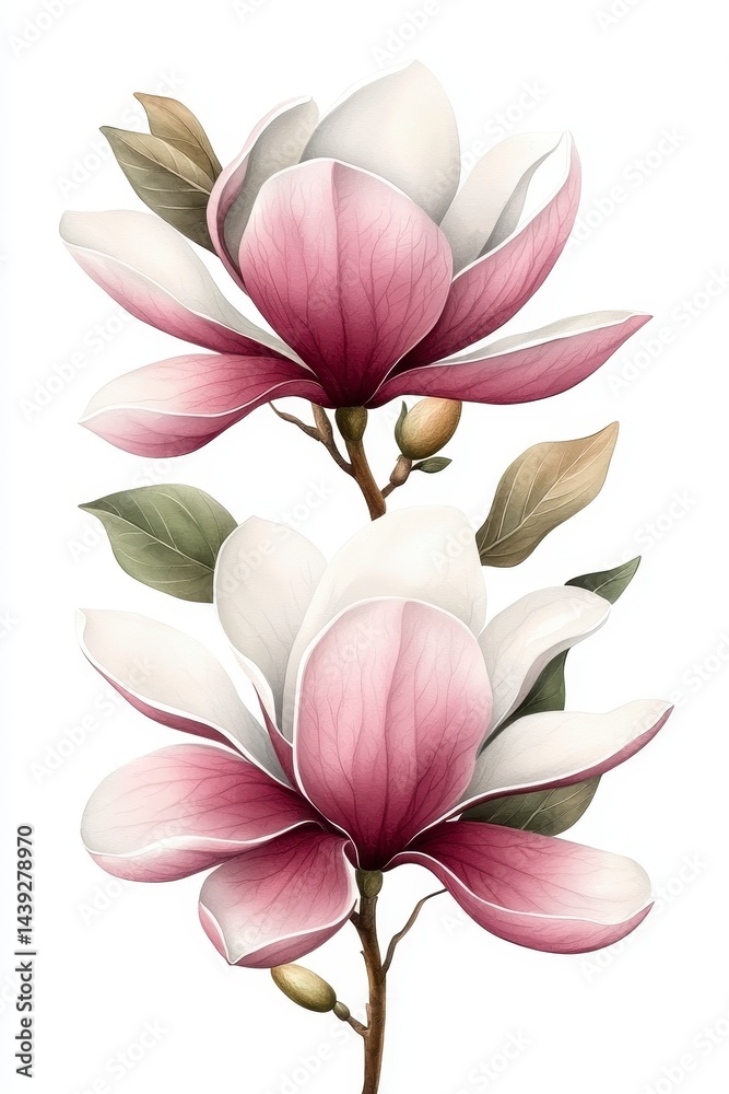 Fototapeta premium Delicate Pink and White Magnolia Flowers with Green Leaves on a Soft Background