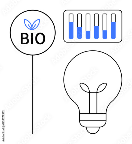 Bio label with leaf, test tubes with liquid, and light bulb portrayed in minimalistic style. Ideal for sustainability, science, innovation, biotechnology, eco solutions, clean energy simple landing