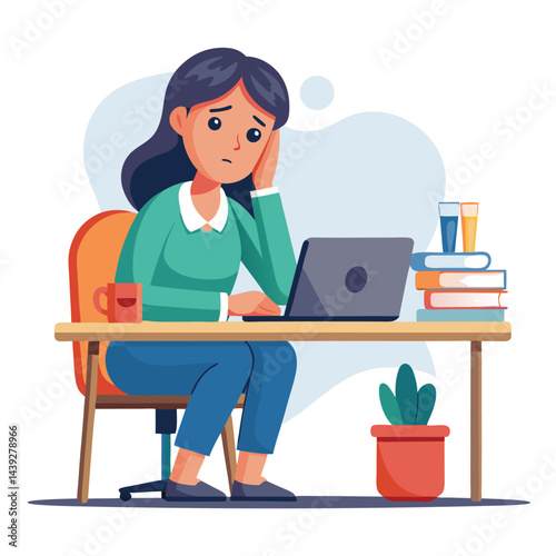Bored woman sitting at desk. Tired sad office worker. Procrastination, burnout and boredom concept. Depressed upset exhausted lazy student. Flat vector illustration isolated on white background