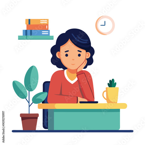 Bored woman sitting at desk. Tired sad office worker. Procrastination, burnout and boredom concept. Depressed upset exhausted lazy student. Flat vector illustration isolated on white background