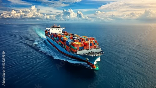 Large Cargo Ship Sailing on a Blue Ocean Under a Cloudy Sky