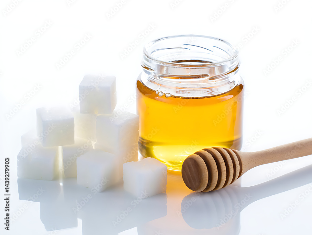 Honey Jar and Sugar Cubes on White Surface Honey Jar and Sugar Cubes on White Surface