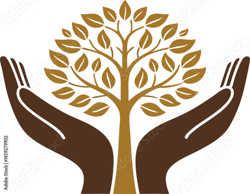 Minimalist logo design featuring two brown hands cradling a golden brain shaped tree for mental health and wellness 