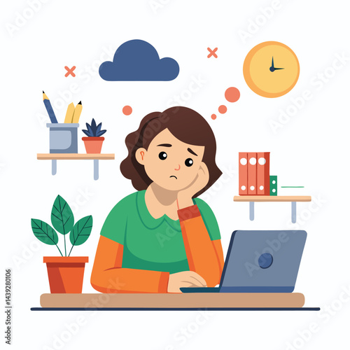 Bored woman sitting at desk. Tired sad office worker. Procrastination, burnout and boredom concept. Depressed upset exhausted lazy student. Flat vector illustration isolated on white background