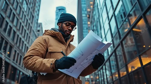 Man Reviewing Documents on a Cold City Street