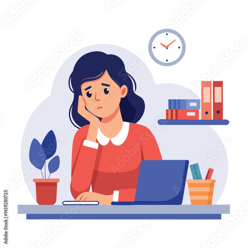 Bored woman sitting at desk. Tired sad office worker. Procrastination, burnout and boredom concept. Depressed upset exhausted lazy student. Flat vector illustration isolated on white background