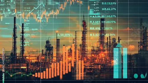 Night View of an Illuminated Industrial Refinery Complex with Overlayed Financial Data