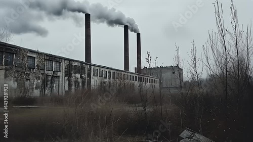 Overgrown Abandoned Factory with Smokestacks Emitting Smoke on an Overcast Day