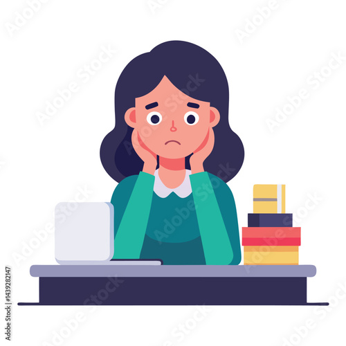 Bored woman sitting at desk. Tired sad office worker. Procrastination, burnout and boredom concept. Depressed upset exhausted lazy student. Flat vector illustration isolated on white background
