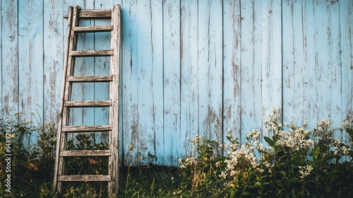 Wooden ladder leaning against a blue wooden wall with vegetation