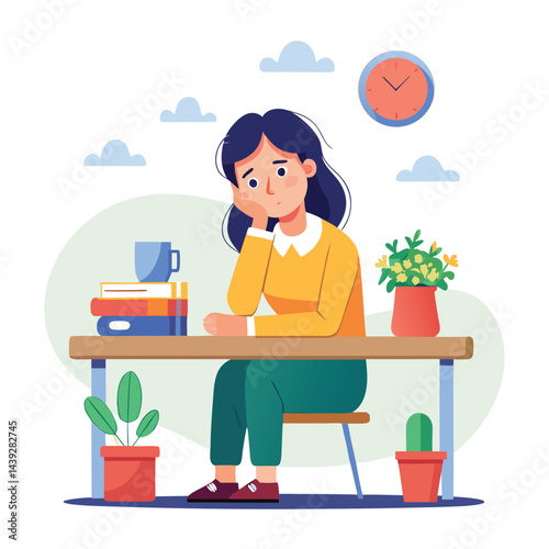 Bored woman sitting at desk. Tired sad office worker. Procrastination, burnout and boredom concept. Depressed upset exhausted lazy student. Flat vector illustration isolated on white background