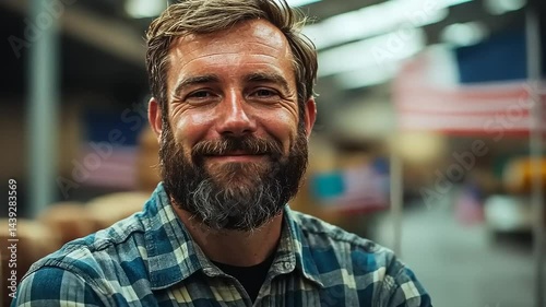 Smiling Bearded Man in Plaid Shirt at Industrial Factory