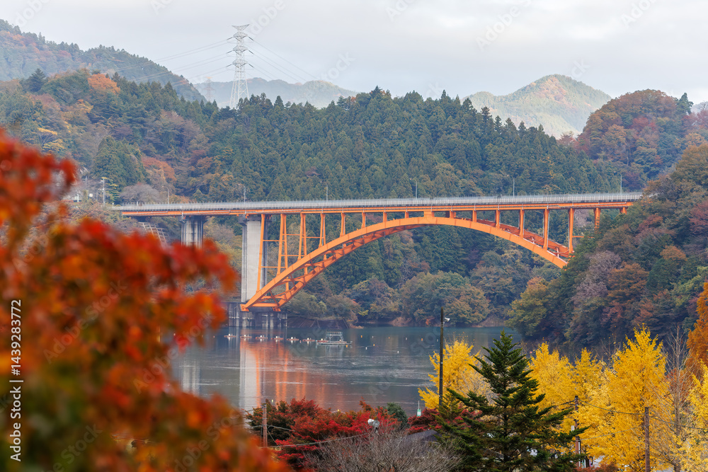 湖面の向こう側に大きな橋が見える。
紅葉に彩られた美しい宮ヶ瀬湖。
神奈川県清川村、早戸川林道-2025年