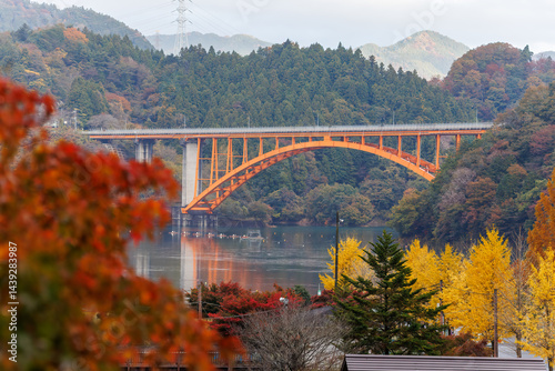湖面の向こう側に大きな橋が見える。
紅葉に彩られた美しい宮ヶ瀬湖。

神奈川県清川村、早戸川林道-2025年
