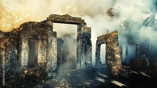 Stone Ruins Amidst Smoke and Fog