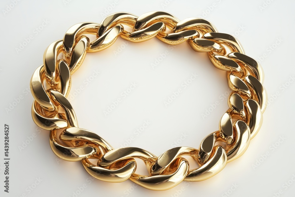 A golden chain bracelet lies on a bright white surface, shimmering brightly. Use it for concepts of fashion, wealth, or a jewelry product promo.