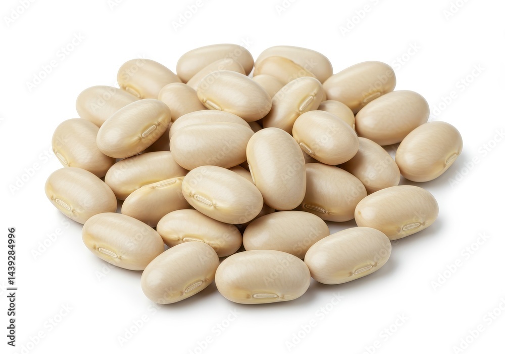 A pile of cannellini beans on a white background in a close up studio shot with soft lighting