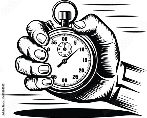 Hand holding stopwatch engraving style vector illustration for time management and competition concepts