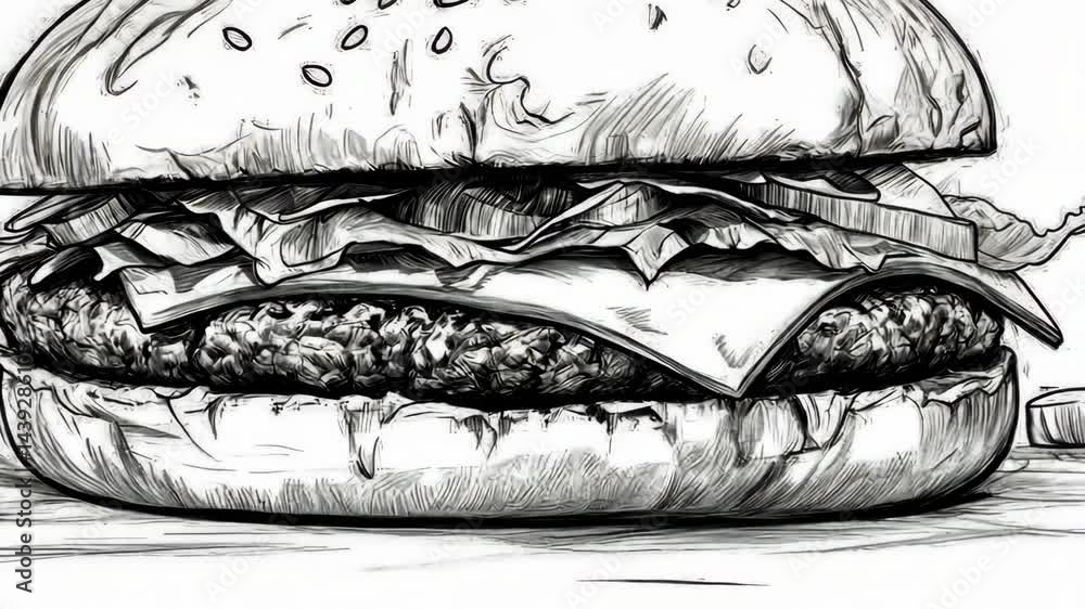 Sketch animation of juicy burger with lettuce and cheese in motion