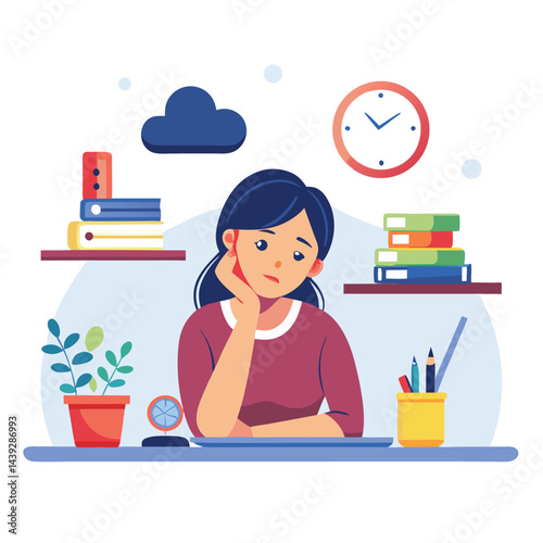 Bored woman sitting at desk. Tired sad office worker. Procrastination, burnout and boredom concept. Depressed upset exhausted lazy student. Flat vector illustration isolated on white background