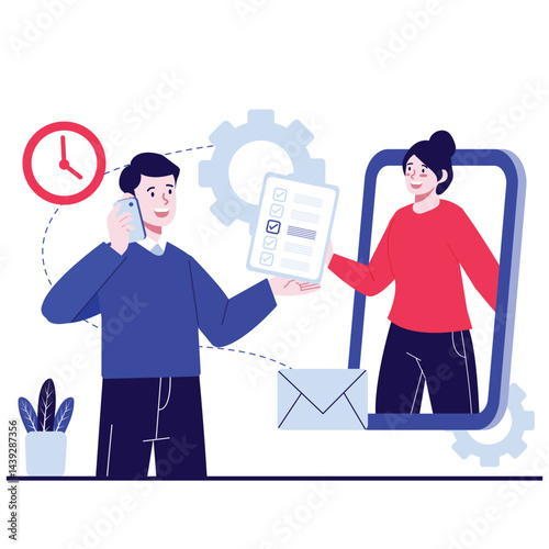 Productivity Illustration. Vector illustration of A man and woman collaborating remotely through online communication and exchanging task checklists. Isolated on background
