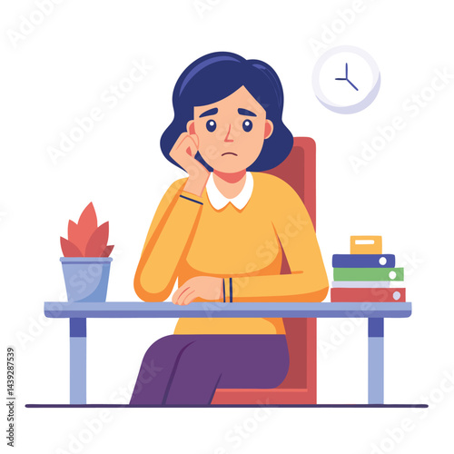 Bored woman sitting at desk. Tired sad office worker. Procrastination, burnout and boredom concept. Depressed upset exhausted lazy student. Flat vector illustration isolated on white background
