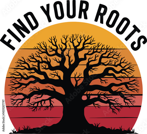 Silhouette tree with sunset and roots concept encouraging connection to heritage and origins