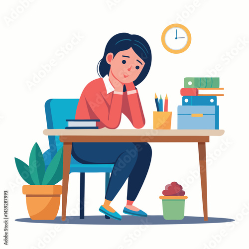 Bored woman sitting at desk. Tired sad office worker. Procrastination, burnout and boredom concept. Depressed upset exhausted lazy student. Flat vector illustration isolated on white background