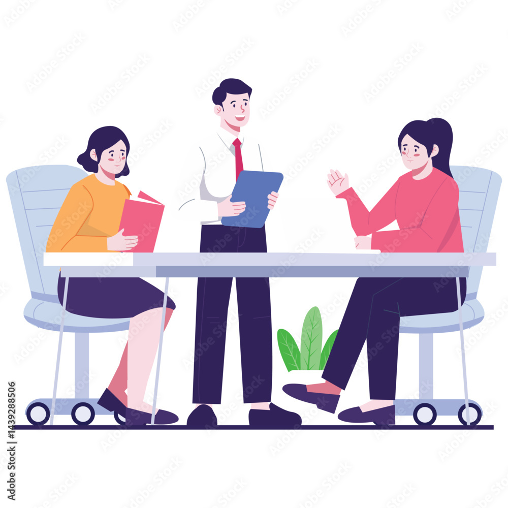 Team Work Illustration. Vector illustration of Three colleagues hold a meeting around a table, sharing ideas and documents. Isolated on background Team Work Illustration. Vector illustration of Three colleagues hold a meeting around a table, sharing ideas and documents. Isolated on background