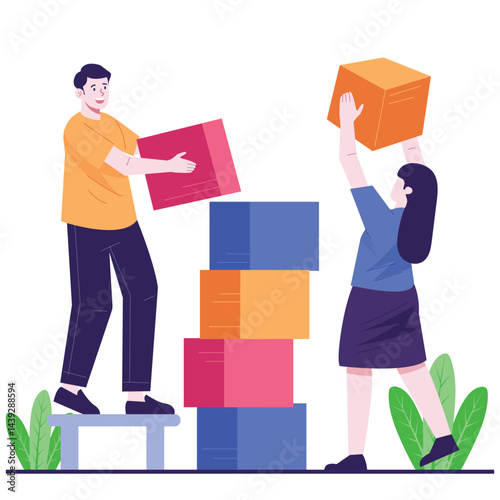 Two coworkers are collaborating to stack colorful boxes, symbolizing teamwork and construction effort.